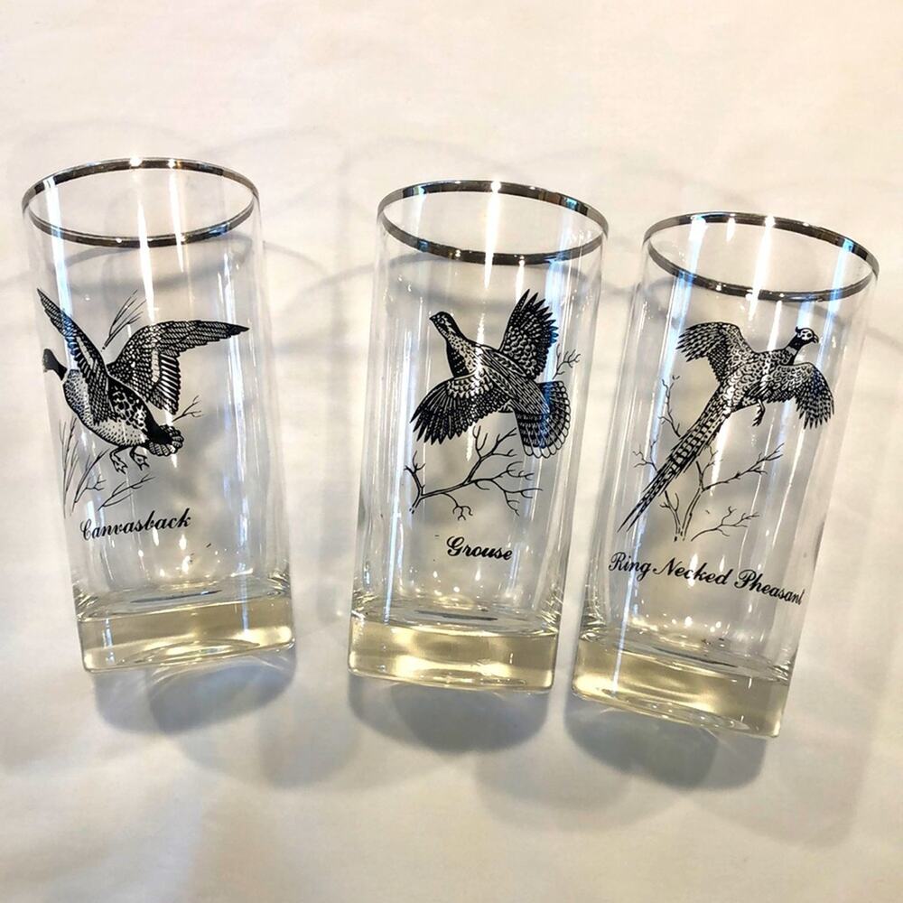 Set of 3 Federal Silver Rim Sportsman Game Bird 5-5/8"‎ Tall Drinking Glasses